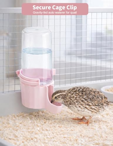 Quail Chick Waterer with Anti-Drowning Shallow Tray, 16.6 fl oz Automatic Gravity Button Quail Waterer, Hanging or Free-Standing Bird Water Dispenser for Wire Mesh Cages and Brooders (Pink) - color: Pink