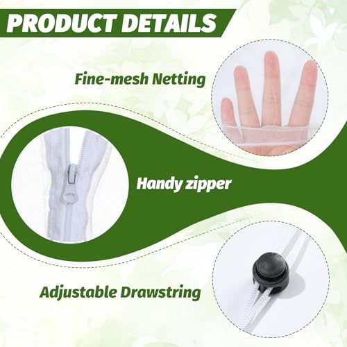 3 Pcs Garden Bird Netting Cover for Round Tomato Cage, 59" x 14.6" - Fits 13" D x 63" H Cage, Tomato Trellis Plant Net Cover with Zipper & Drawstring, Insect Barrier for Protecting Vegetables Fruits