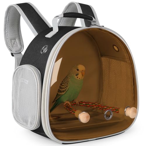 Bird Travel Backpack Carrier with Metal Tray and Standing Perch, Polarized Tint Brown Space Capsule Astronaut Bubble Hard Window - color: Brown