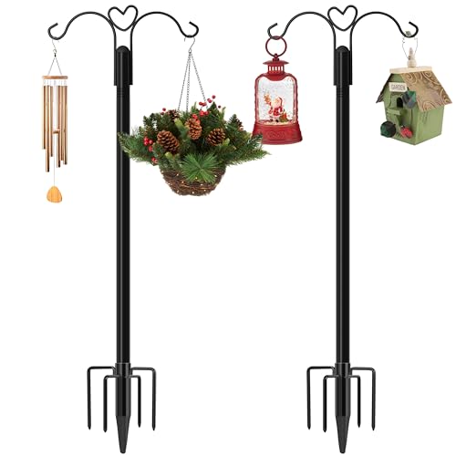 Shepherds Hooks for Outdoor, 2-Pack 108 Inch Heavy Duty Bird Feeder Pole, Garden Pole for Hanging Plants, Lantern, Hummingbird Feeder, Hanging Plant Stand with 5 Base Prongs - size: 108 INCH, style: Style E