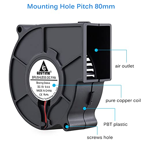 GDSTIME 75mm x 30mm 5V USB Blower Fan with 3 Speed Controller DC Brushless | 7530, Small Turbine Centrifugal Fans, for NAS, Helmet, Vivarium, Laptop, Amplifier, Raspberry Pi Cooling Ventilation - size: 75mm x 30mm