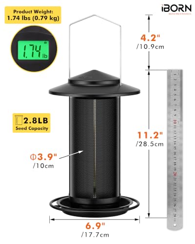 iBorn Bird Feeders for Outdoors, All Metal Mesh Tube, Holding Bird Seed for Outside Feeders,17.7cm Large Roof, Black, 2.8lb(Seed is not Included) - color: Black, size: 2.8LB，6.9′′Large Roof