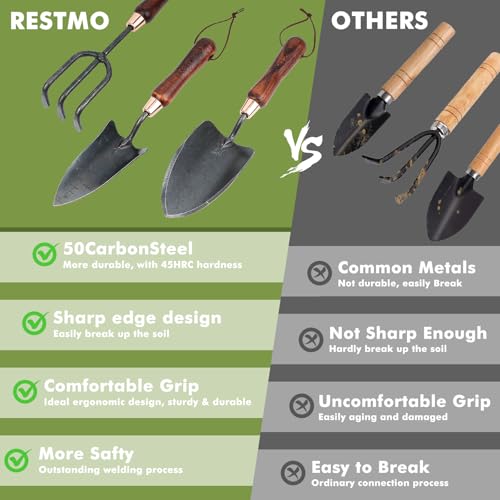 RESTMO Gardening Tools Set, 3-in-1, Carbon Steel, Wooden Handle, Brown | Heavy duty gardening tools kit. Includes trowel, transplanter, cultivator. Ergonomic wooden handle. Ideal gardening gifts. - size: Gardening Tool Set