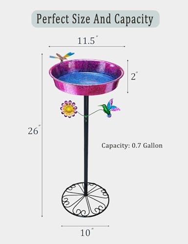 Pedestal Bird Bath for Outdoors - Metallic Purple & Blue 11.5” Metal Birdbath Bowl & Feeder Freestanding Garden Decor Yard Art (26” Tall, 0.7 Gallon)