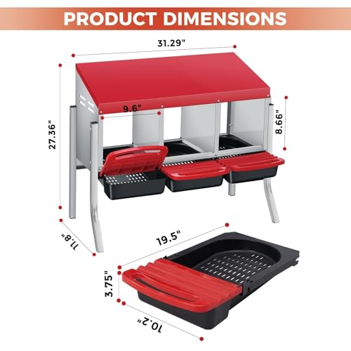 Chicken Nesting Boxes, Heavy-Duty 8-Compartment Metal Chicken Nesting Box – Removable Tray, Ventilation Holes, Easy Egg Collection, Rustproof Galvanized Steel - Red - 3 - Slot - with Legs - color: Red, size: 3 - Slot - With Legs - Upgraded Version