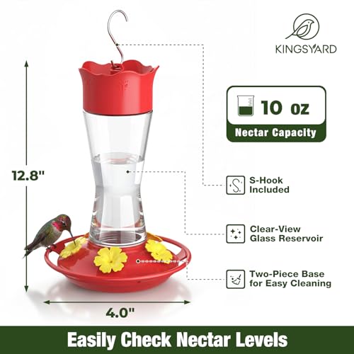 Kingsyard Glass Hummingbird Feeder for Outdoors Hanging, 10 oz Leak-Proof Humming Bird Feeders with Ant Moat & Bee Proof Feeding Ports, Hummingbird Gift for Bird Lovers (Clear) - color: Clear