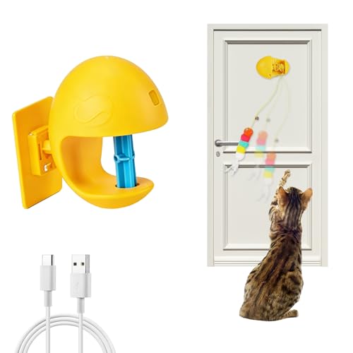 Puffluv Interactive Cat Toy for Indoor Cats, Automatic Electric Flying Bird Feather Wand Toy,Hanging Feather Wand with Stretch Cord, Rechargeable Teaser for Kittens and Adult Cats Play,Yellow