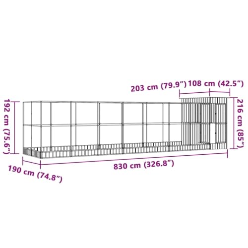 Galvanized Steel Aviary 326.8x79.9x85 Inch Silver | Steel Mesh Grid, Lockable Door, Suitable for Birds Rabbits Chickens - size: 326.8" x 79.9" x 85"
