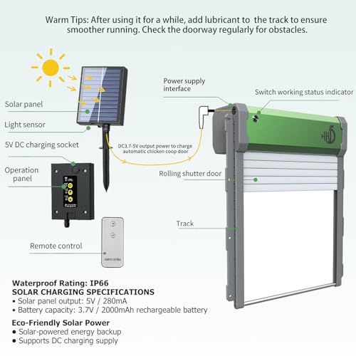 Solar-Powered Automatic Chicken Coop Door with Timer, Light Sensor & Remote Control – Weatherproof Aluminum Alloy Design with Anti-Pinch Safety Feature - color: Green