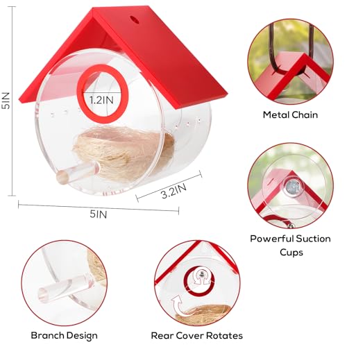 Hummingbird House, Acrylic Transparent Bird Houses Outside, Window Birdhouse for Viewing Inside with Strong Suction Cup, Great for Bluebird Finch Chickadee Nesting