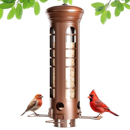 Squirrel Proof Bird Feeder for Outdoors, 360° Weight-Sensitive Activation, Removable Base for Easy Cleaning, 3 Lbs Capacity, 4 Feeding Ports, Tube Metal Bird Feeder for Cardinals, Finches - color: Bronze