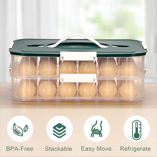 BTSKY Deviled Egg Platter with Lid, 2-Layer 36 Slots Deviled Eggs Carrier, Clear Portable Eggs Holder for Fridge Reusable Deviled Egg Tray Carton Box for Easter and Party Favor (2-Layer, Green) - color: Green, size: 2 Layer-Hold 36 Eggs