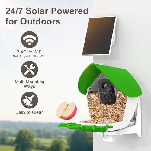 Smart Bird Feeder with Camera Solar Powered 2K HD Live Video with 32GB Card | AI Identifies 10,000+ Bird Species, Instant Alerts, IP65 Waterproof, Easy Setup, Bird Watching Gift for Bird Lovers - color: Light Green