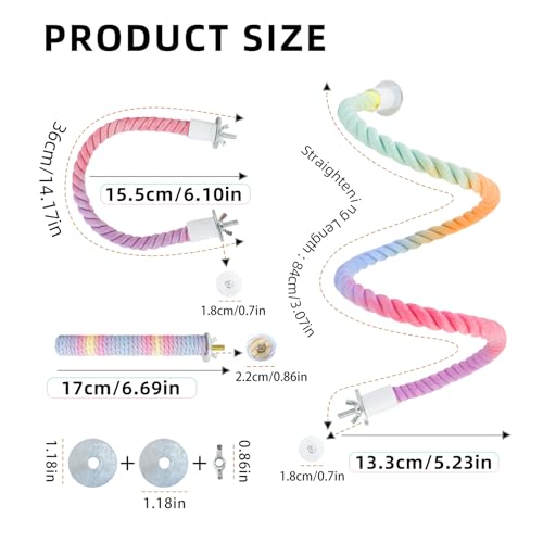 WishLotus Parrot Rope Perch, 31 in Rope Perches for Bird Cages with 2 Small Stand Pole, Flexible Fade Color Perch Rope Swing for Paw Grinding Standing Climbing (A, 31 in+6.6 in) - size: 31 IN+6.6 IN