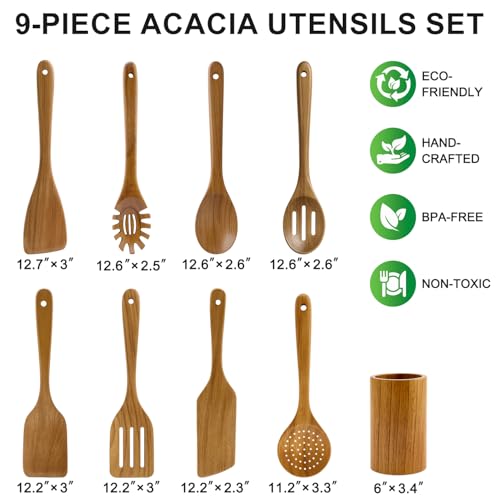 9 Pack Wooden Spoons Non Toxic Cooking Utensil Set with Utensils Holder | Kitchen Slotted Turner Spatula Set Acacia Wood Utensils for Cooking Spoon Scraper Spurtle Bamboo Flat Egg Flipper Spatulas - color: 9 Pcs