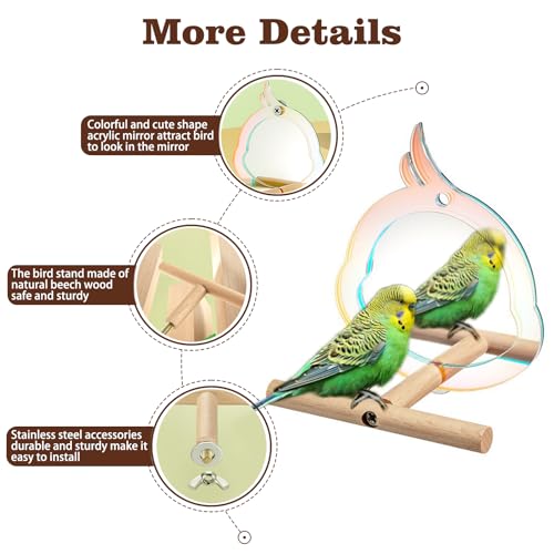 Bird Mirror with Perch Stand Interactive Toys Cages Accessories for Pet Parrot Parakeets Budgies Cockatiels Conures Lovebird Finch Canaries and Other Small Birds