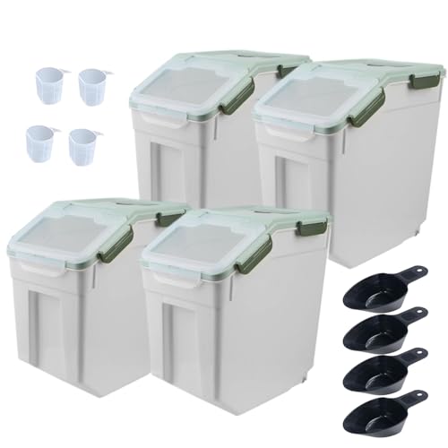 Large Flour Storage Container Bin 25lb, 4Pack Airtight Rice Storage Containers with Wheels Seal Locking Lid, BPA Free with Measuring Cup&Scoop for Flour, Rice, Grain(Green) - color: Green 4Pack 25Lb