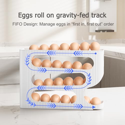 FIFO Egg Holder for Fridge, Egg Organizer for 28 Large Size Eggs | 1-Pack Auto Rolling Egg Dispenser for Refrigerator, Space-Saving Egg Roller/Container/Storage for Kitchen Countertop - color: White, size: 1 Pack