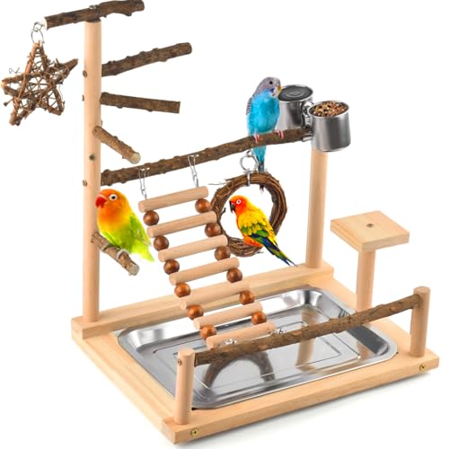 KATUMO Bird Playground - Natural Wooden Perches Parakeet Ladder Conure Swing Bird Cage Accessories with Removable Tray & 2 Stainless Steel Cups