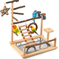 KATUMO Bird Playground - Natural Wooden Perches Parakeet Ladder Conure Swing Bird Cage Accessories with Removable Tray & 2 Stainless Steel Cups