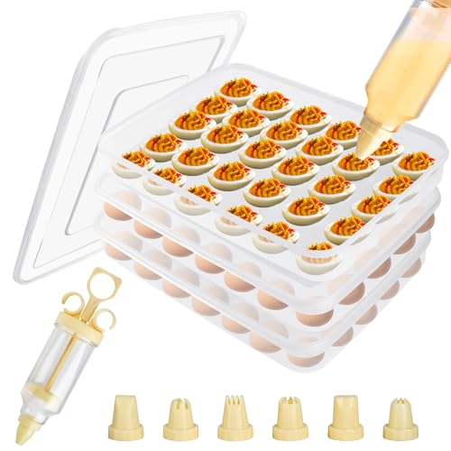 3 Pcs 90 Slots Deviled Egg Containers with Lids, Plastic Deviled Egg Platter, Stackable Egg Carrier, Reusable Deviled Egg Holders with Piping Tool Set for Thanksgiving Easter Party Picnic