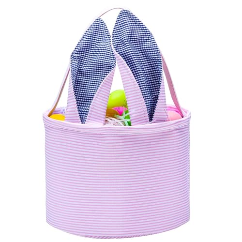 Easter Basket Seersucker Egg Hunt Bunny Baskets for Kids with Cute Rabbit Ears Stripe Storage Gifts Candies Personalized Easter Party Gifts… - color: seersuck2022pink