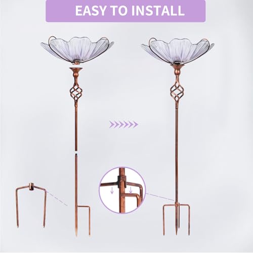 Glass Birdbath Birdfeeder with Metal Stake Garden Outdoor Purple | 31inch height stain glass bird bath for outside,Purple flower bird bath bowl,attract wild birds and beautify outdoor gardens - color: Purple