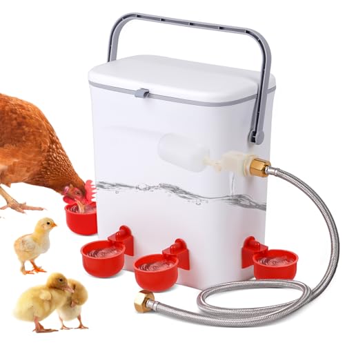 Automatic Water Dispenser for Chickens and Poultry Waterer | 2 Gal Float-Control Auto Waterer with 4 Water Cups, Chicken Drinker with Hose Attachment for Chicks, Gooses, Ducks, Turkeys