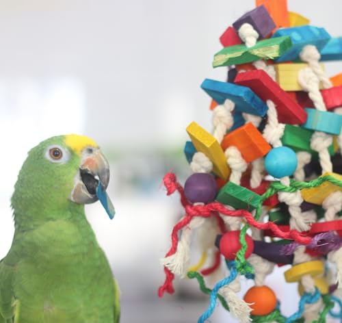 Colorful Parrot Chew Toy for Aggressive Chewers (Large) | Durable Bird Toy with Wood Blocks & Cotton Rope, 37cm Hanging Foraging Toy for Small to Large Parrots