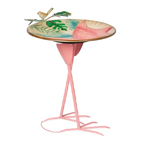 Alpine Corporation ORS876 Outdoor Metal Birdbath w/ Stylish Stand, Flamingo Pattern Birdbath Bowl and Stand, 23"H, Pink/Blue - color: Pink/Blue