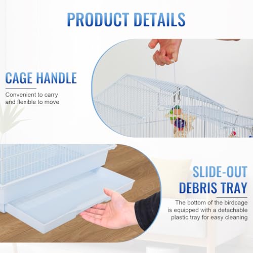 FDW 39 Inch Bird Cage Parakeet Cage with Play Top Rolling Stand & Easy Clean Pull-Out Tray Roof Top Parrot Cage for for Finches Canaries Parakeets Cockatiels & Other Small Birds, White - color: White