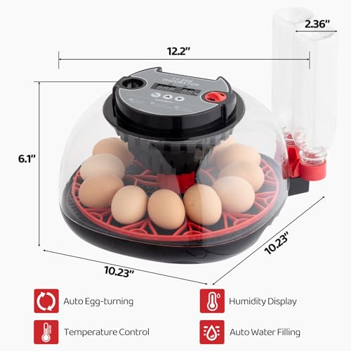 US 12-Egg Incubator with Automatic Egg Turning, Temperature & Humidity Control, Auto Water Addition & LED Egg Candler - Hatching Machine for Chicken, Duck, Goose, Pigeon, Quail & Bird Eggs