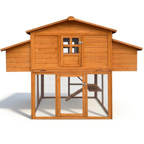 Chicken Coop for 6-8 Chickens with 2 Nesting Boxes, Removable Leakproof Tray, UV-Resistant Roof, 6 Access Doors 70x42x55in