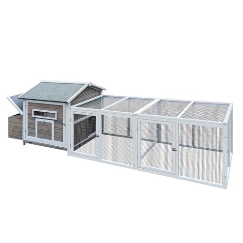 YOPTO Wooden Chicken Coop, 114 in, Outdoor Run, Gray | Solid wood, Asphalt roof, Outdoor run, 2-compartment nesting box, Pull-out tray, Ventilated design - size: 118.0"L x 27.6"W x 36.6"H