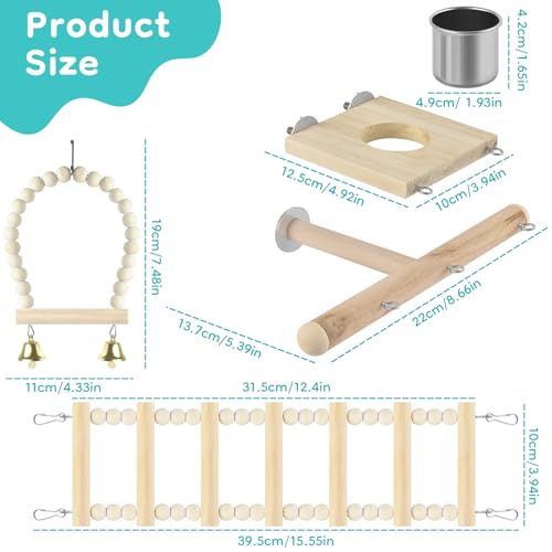 DBNESS 5in1 Bird Toys, Birdie Perches Platform Swing with Stainless Steel Feeding Cup Climbing Ladder, Wooden Play Gym for Cockatiels Lovebirds Budgies Pacific Parrotlets Finch Canaries
