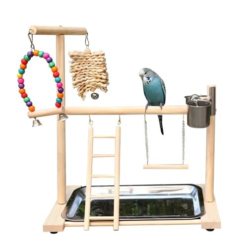 Bird Stand, Natural Wood, Parrot Playground with Removable Tray & 2 Stainless Steel Feeder Cups, Suitable for Parakeet, Conure, Cockatiel, Lovebird, Canary, Lorikeet & African Grey - color: A
