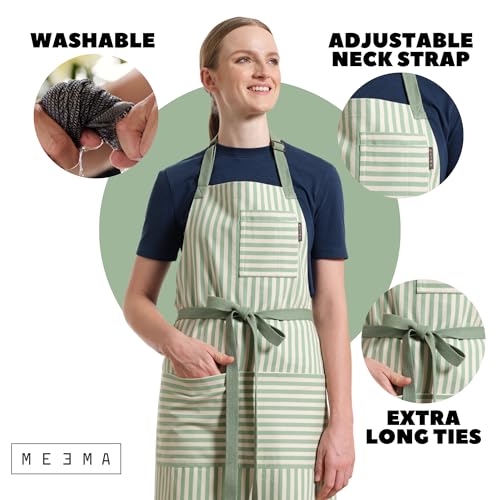 Chef Aprons for Women with Pockets, Adjustable Bib Aprons for Cooking - color: Sage Green Striped