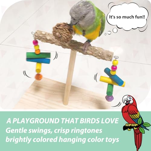 XL Bird Perch Budgie Toy Interactive Spinning Parakeet Perch with Two Hanging Accessories, Wooden Swing Parrot Perch Stand Enrichment Bird Supplies for Cockatiel, Budgie, Conure, Lovebird
