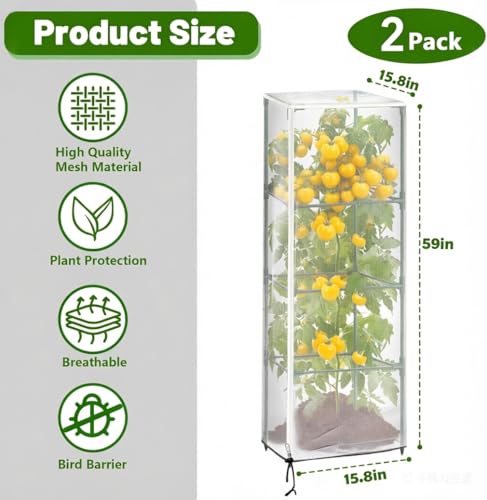 2 Pcs Garden Bird Netting Plant Cover for Square Tomato Cage,59" x 15.8"x 15.8" Tomato Cage Garden Net Cover with Zipper Drawstring, Tomato Trellis Insect Bird Barrier Protection Mesh for Plant