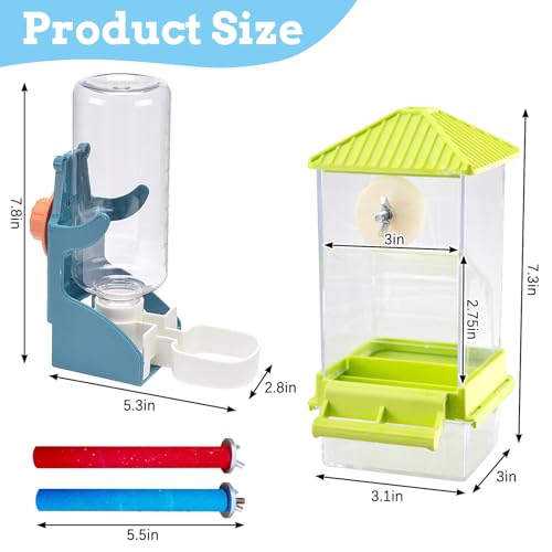 Hamiledyi No Mess Bird Feeders Water Dispenser Set Parakeet Seed Container Automatic Cage Feeder with Perch Transparent Cage Accessories for Budgies, Parakeets, Canaries, Lovebirds, Finches - color: Green + Drinking Bottle + Perch