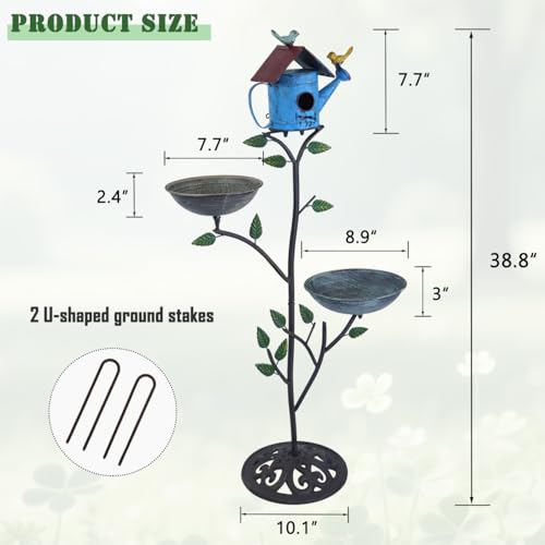 39" H Metal birdhouses for Outdoors, Birdhouse Pole with Cast Iron Base | bird bath for outside,Integrates Bird Feeder and Bird Bath, Durable and rust-resistant coating,Outdoor Garden Decor - color: blue