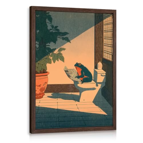 GELDSTEI Wood Framed Funny Frog Reading Vintage Bathroom Wall Art 16x24 in | Vintage Japanese Style Frog Reading On Toilet Art Print, Playful Farmhouse Wall Decor for Bathroom and Powder Room - color: Frog, size: 24"L x 16"W