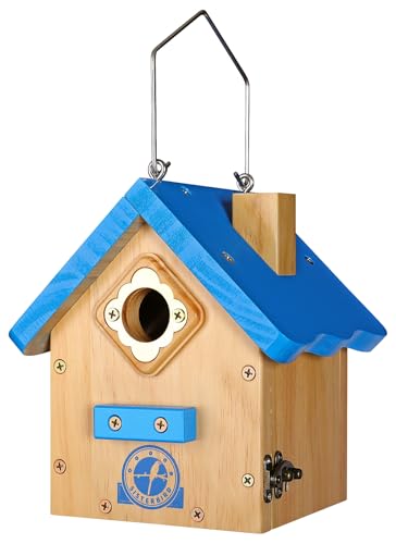 SISTERBIRD Wren Bird House for Outside, Premium Wooden Wren Bird Houses, Hanging Chickadee Bird House, Weatherproof Garden Decor Birdhouses for Outdoors, Blue Color Roof Bird Nesting Titmouse - color: Blue Roof with Log Color
