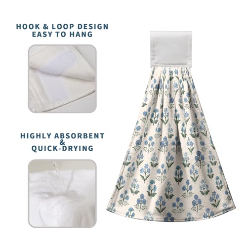 Blue Green Floral Summer Hanging Kitchen Towels Vintage Flowers Hand Towel with Hanging Loop Farmhouse Decorative Bath Tie Towels Soft Absorbent Fingertip Dish Cloth Set of 2 - color: Blue Green Floral
