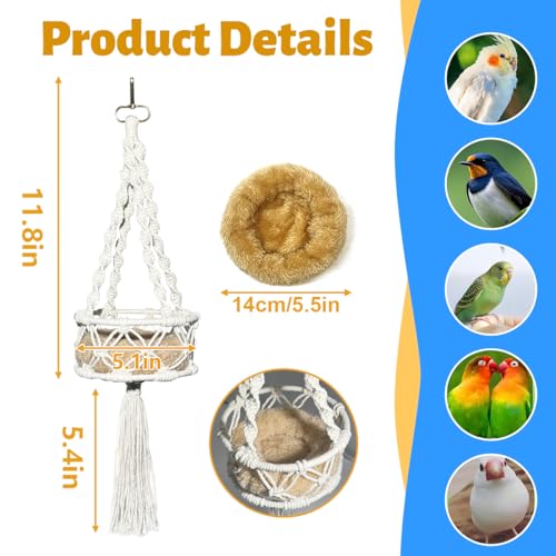 Warm Bird Cage Bird Nest, Bohemian Style Cotton Woven Hanging Small Bird Bed for Cage, Warm Nest for Canary, Lovebird, Budgie, Finch (Beige)