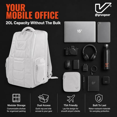 Gruv Gear Travel Laptop Backpack, 20L Silver Tech Backpack with Modular Storage Shelves, Dual Access Pockets & TSA-Friendly Design, Compact Carry-On Backpack for Work, Travel & Everyday Carry - color: Silver/Blue
