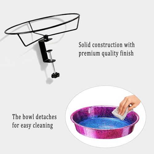 Metal Deck Bird Bath for Balcony Railing, Metallic Purple & Blue 11.5” Bathing Bowl & Feeder with Adjustable Steel Clamp Outdoor Garden Decor Yard Art (0.7 Gallon) - color: Metallic Purple/Blue