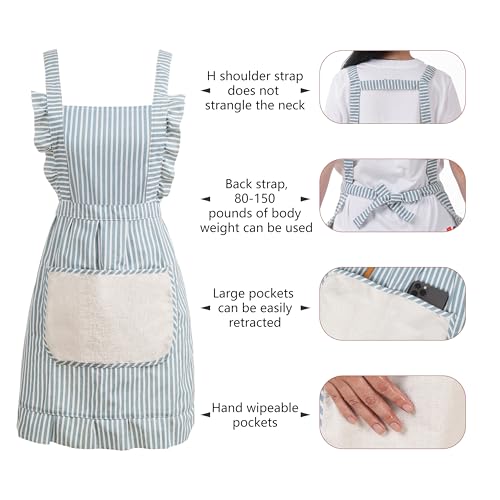 Cute Cotton Apron for Women, Adjustable Bib Cooking Kitchen Aprons with Pockets for BBQ Drawing Baking - color: Blue