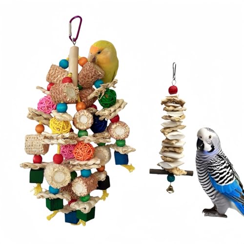 Bird Parrot Toys for Cage, 2 Pack Chew Toys with Corn Cob, Cuttlebone & Colorful Blocks for Small to Medium Parrots Like Parakeets, Conures, Cockatiels (Colorful Toy + Cuttlefish Bone) - size: Colorful toy + cuttlefish bone