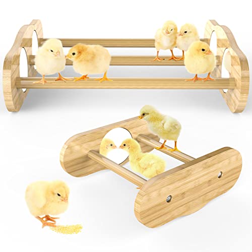Bamboo Chick Perch with Mirror, 2 Pack | strong roosting bar for coop and brooder, training perch for large birds, hens, parrots, macaw, easy assemble&clean,fun toys